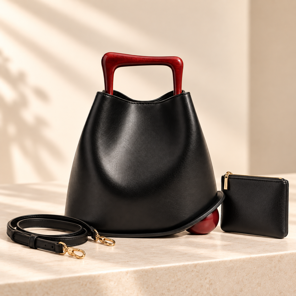 Sac Signature Qavero noir avec bandoulière amovible, pochette assortie et détails dorés