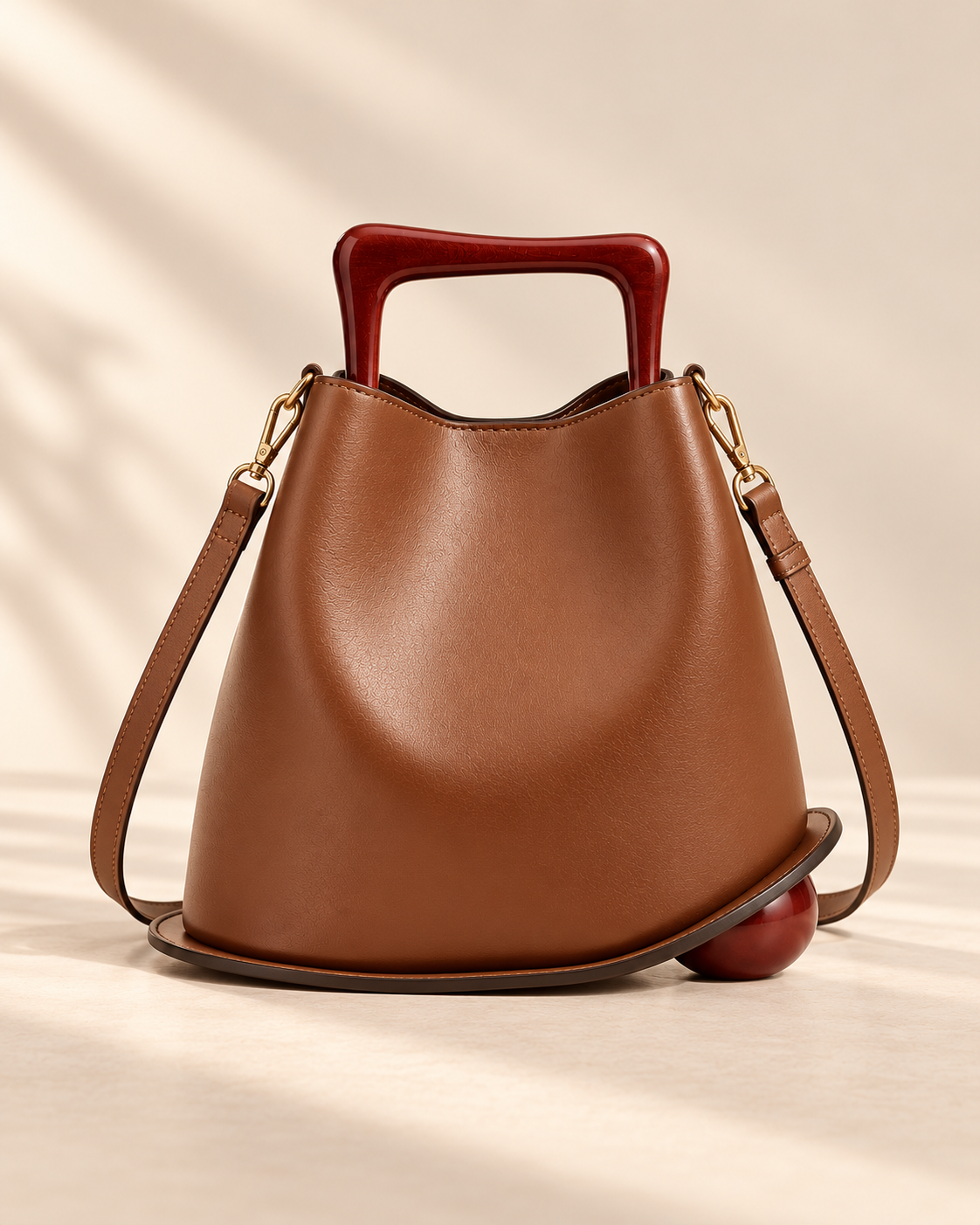 Sac Signature Qavero caramel, vue studio avec poignée bordeaux