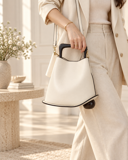 Sac Signature Qavero ivoire porté dans un intérieur lumineux
