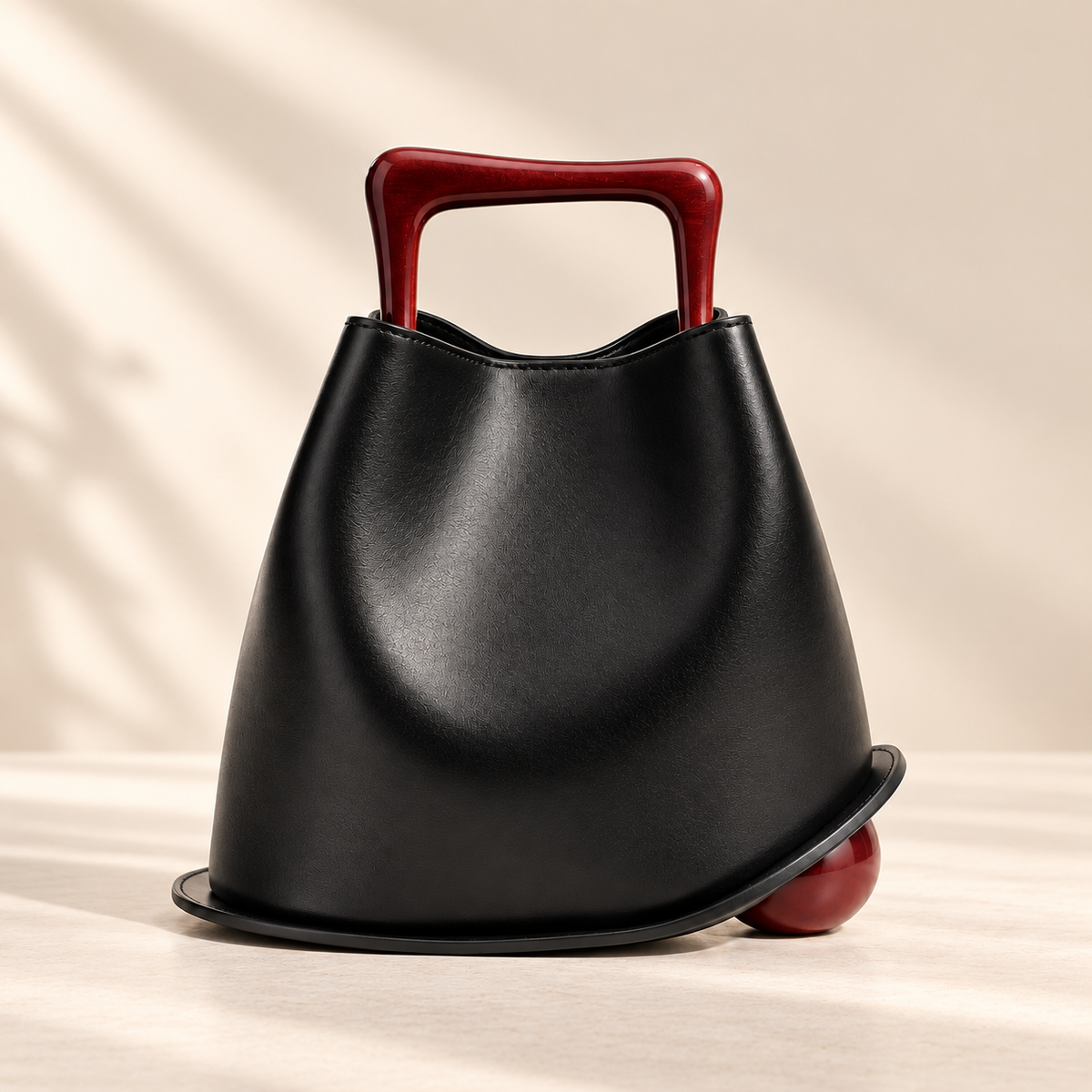 Sac Signature Qavero noir, vue de face avec poignée bordeaux