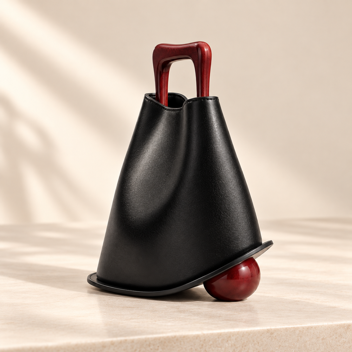 Sac Signature Qavero noir, vue trois-quarts avec silhouette sculpturale
