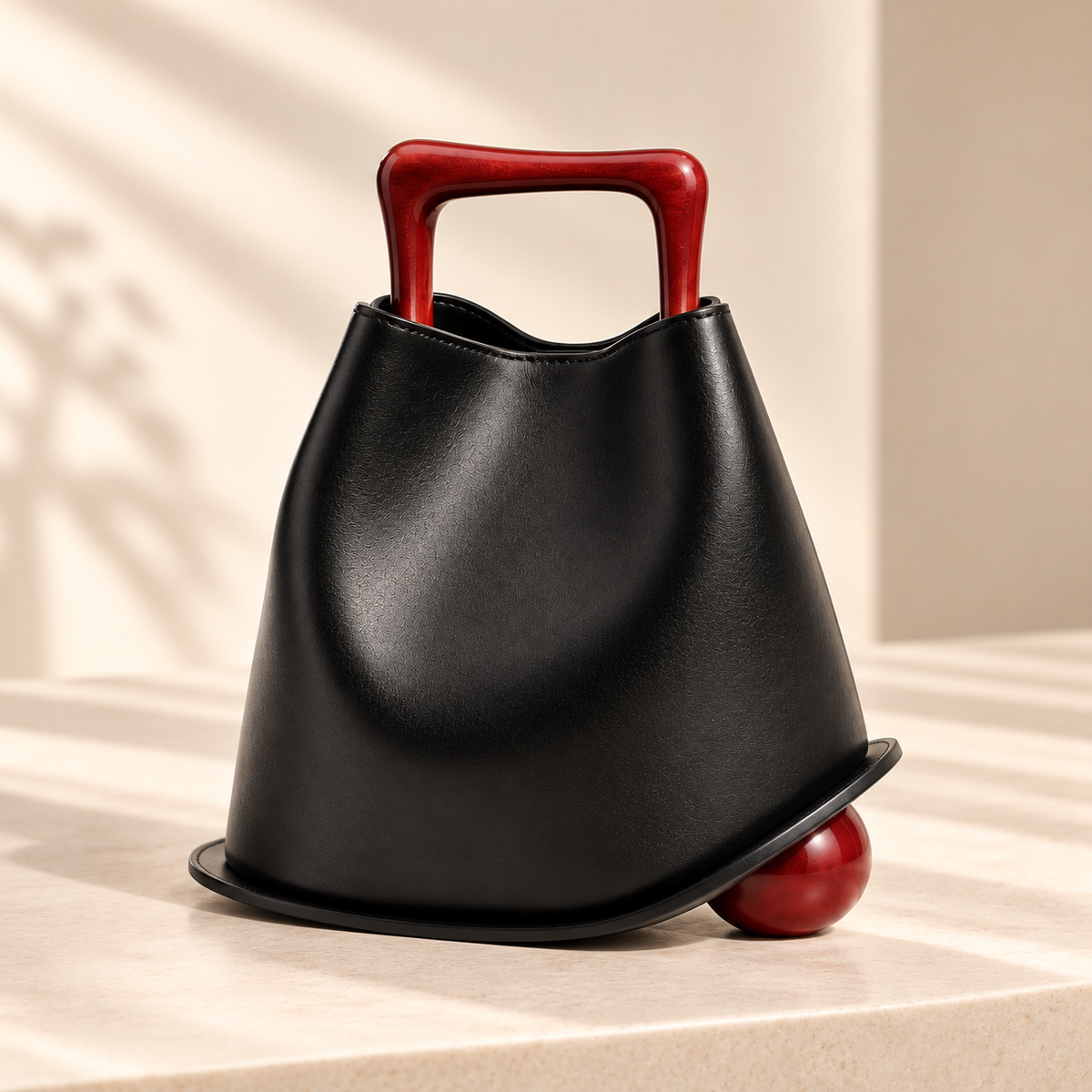 Sac Signature Qavero noir, vue légèrement décalée avec base sculpturale bordeaux