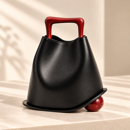 Sac Signature Qavero noir, vue légèrement décalée avec base sculpturale bordeaux